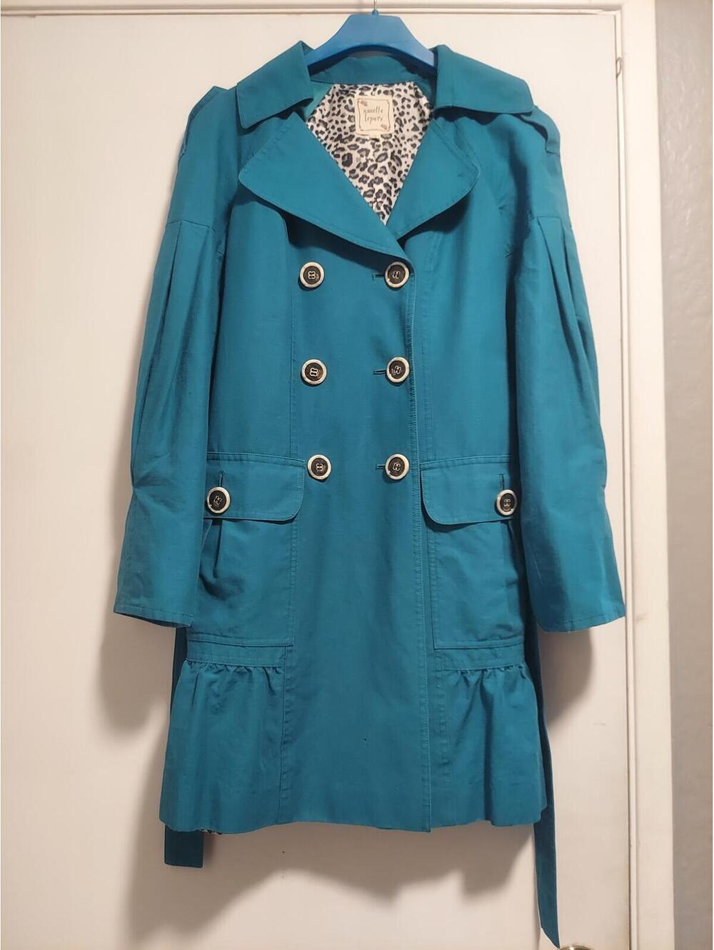 Nanette Lepore Teal Double Breasted Trench Coat with Leopard Print Lining